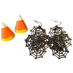 2-Pair Halloween Theme Earrings Spiderweb and Candy Corn